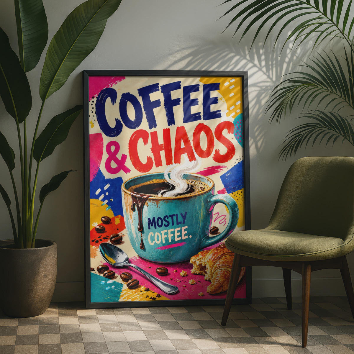 Coffee & Chaos Pop Art Poster, Bold Typography, Bright Kitchen Wall Art (Print)