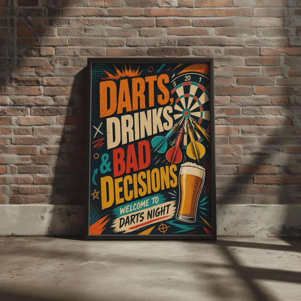 Retro Darts Night Poster, Funny Drinks & Bad Decisions Wall Art (A4)