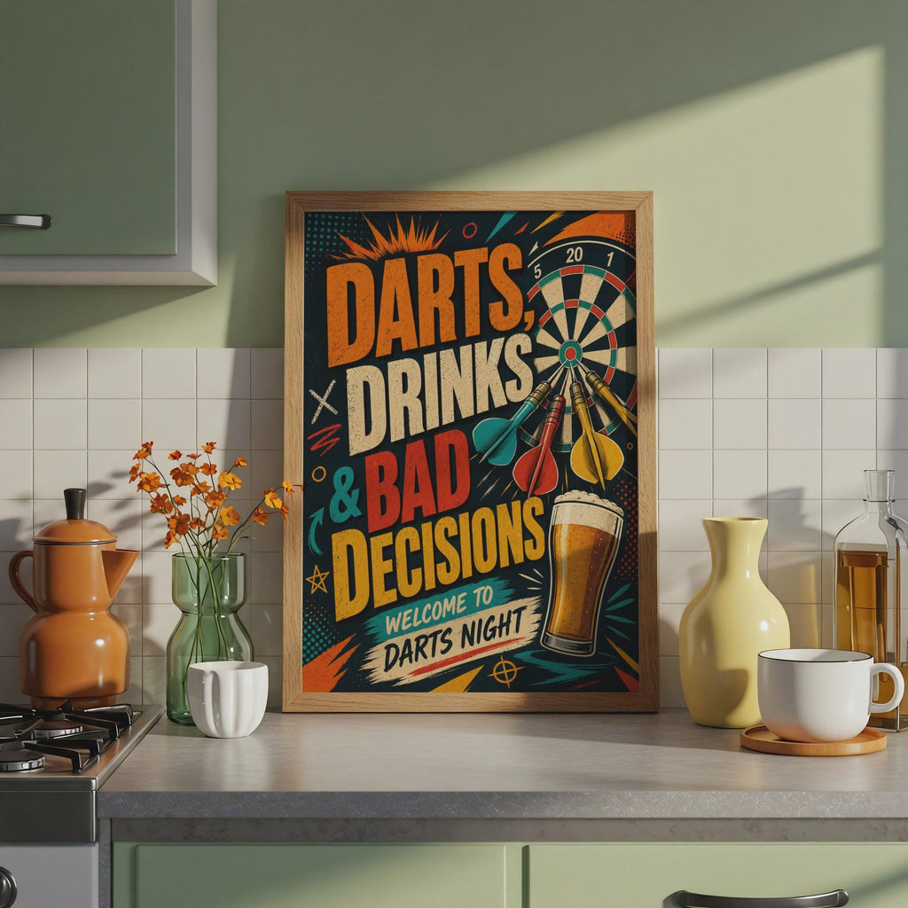 Retro Darts Night Poster, Funny Drinks & Bad Decisions Wall Art (A4)
