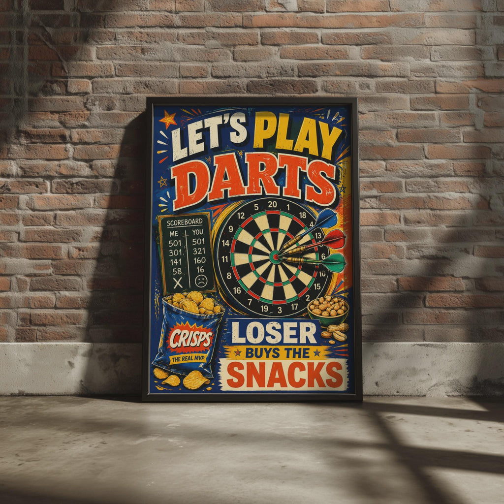 Retro Darts Poster, Loser Buys Snacks, Games Room Wall Art Print