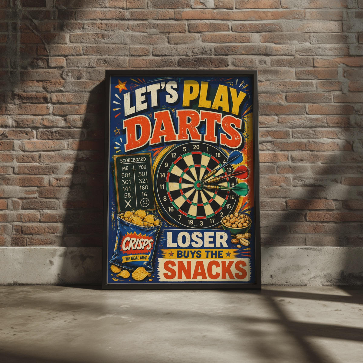 Retro Darts Poster, Loser Buys Snacks, Games Room Wall Art Print