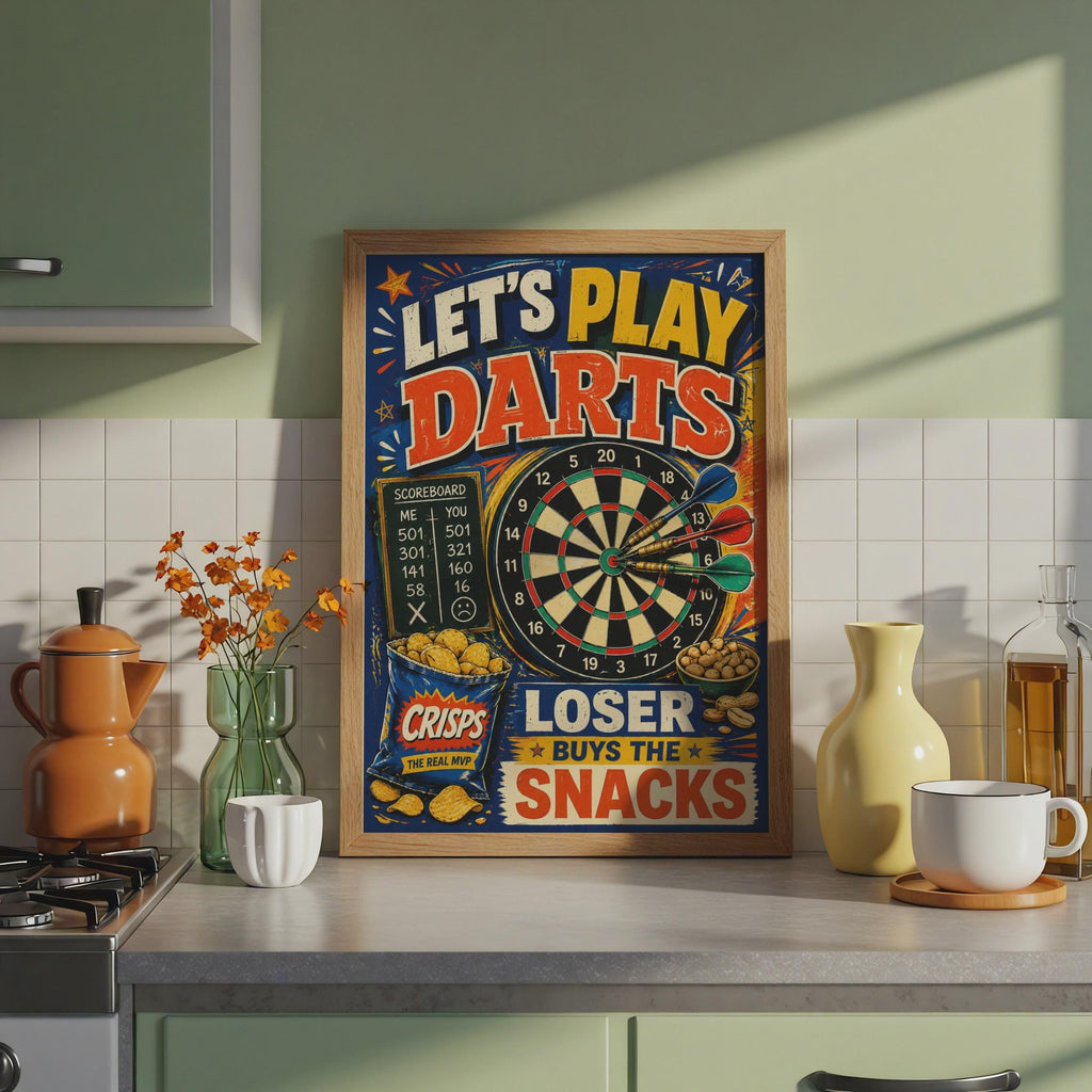 Retro Darts Poster, Loser Buys Snacks, Games Room Wall Art Print