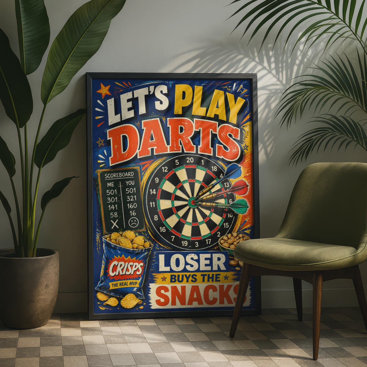 Retro Darts Poster, Loser Buys Snacks, Games Room Wall Art Print