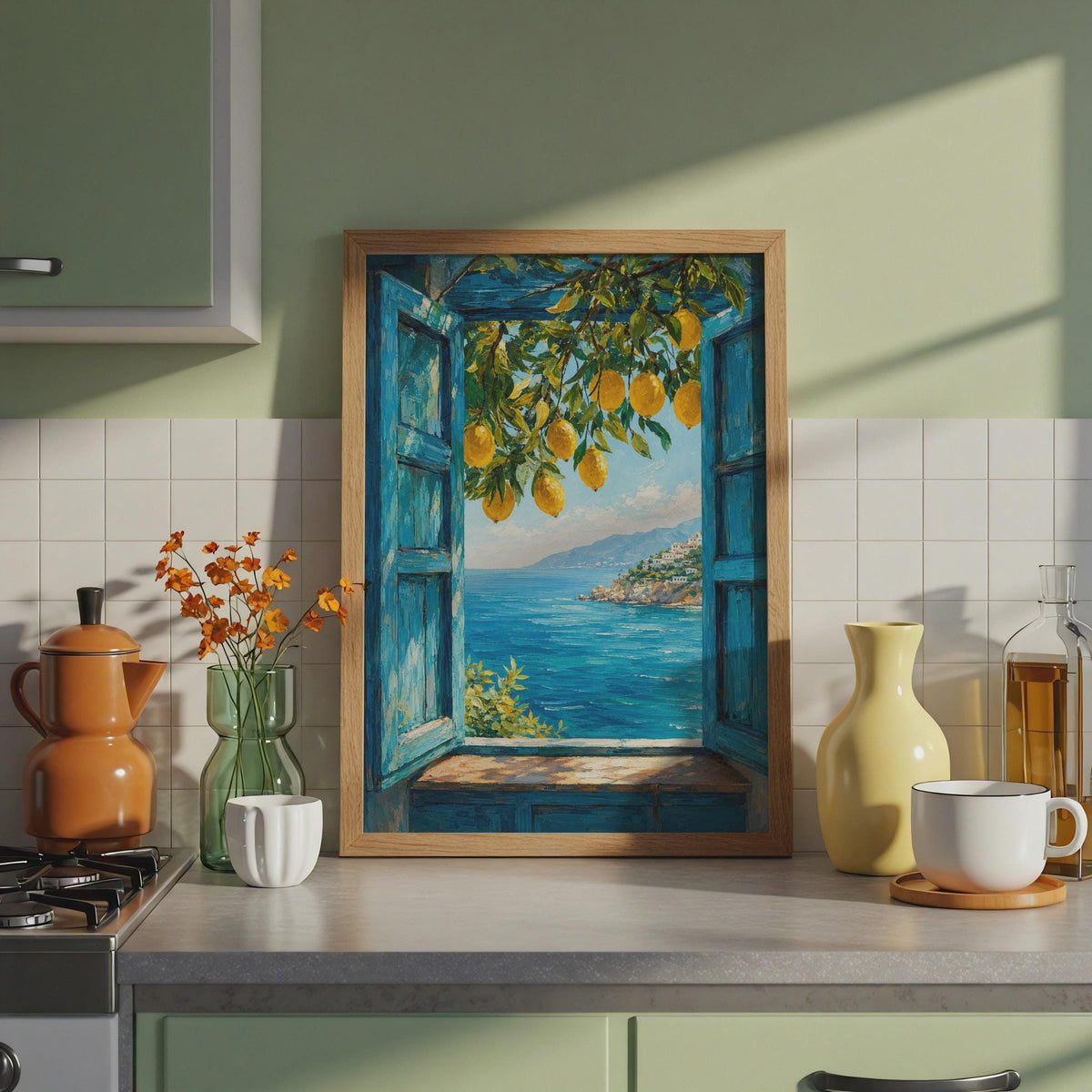 Mediterranean Lemon Window Print, Hand-Painted Coastal View, Amalfi Coast Art