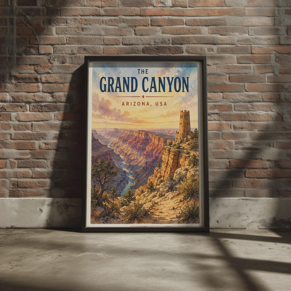 Grand Canyon Watchtower Print, Arizona Desert View, Colorado River Watercolour Art