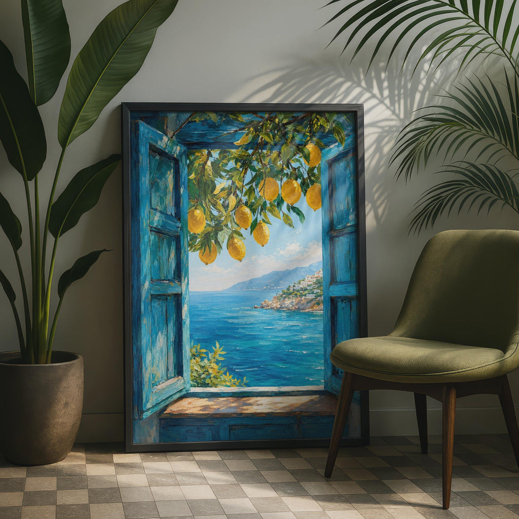 Mediterranean Lemon Window Print, Hand-Painted Coastal View, Amalfi Coast Art