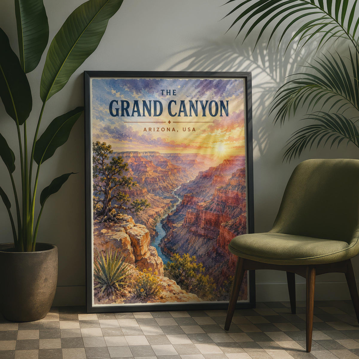 Grand Canyon Watercolour Poster, Arizona Sunset, Colorado River Print