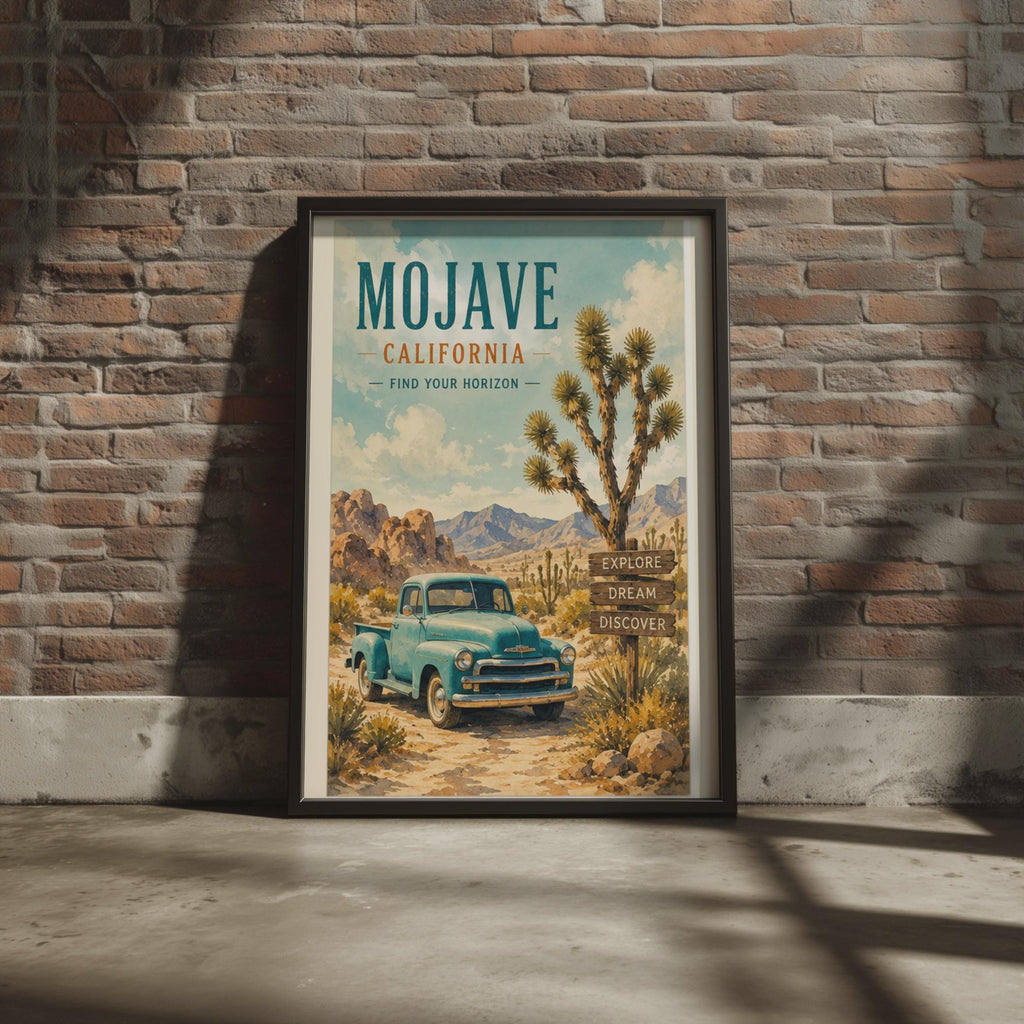 Mojave California Vintage Poster, Retro Teal Truck, Joshua Tree Desert Art