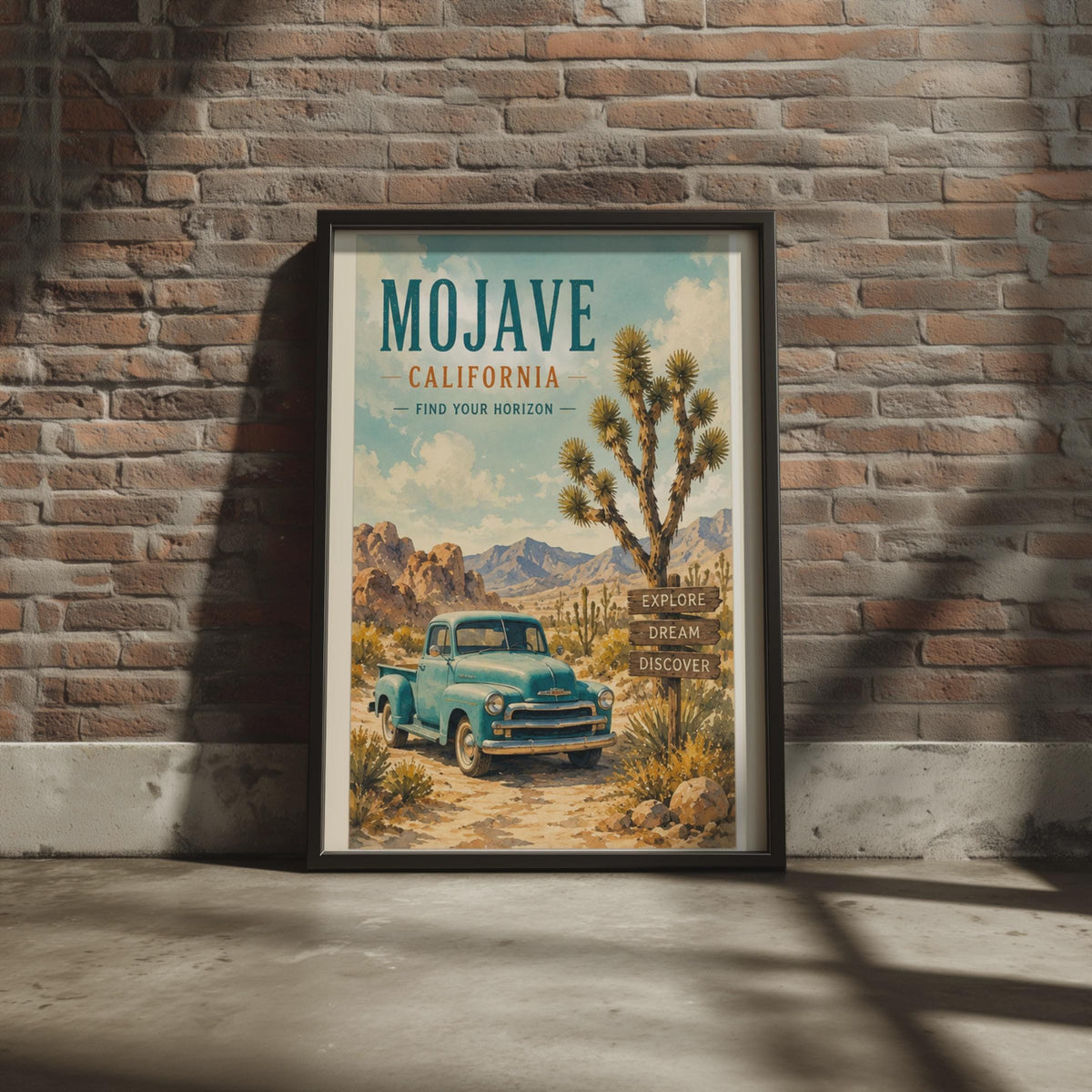 Mojave California Vintage Poster, Retro Teal Truck, Joshua Tree Desert Art