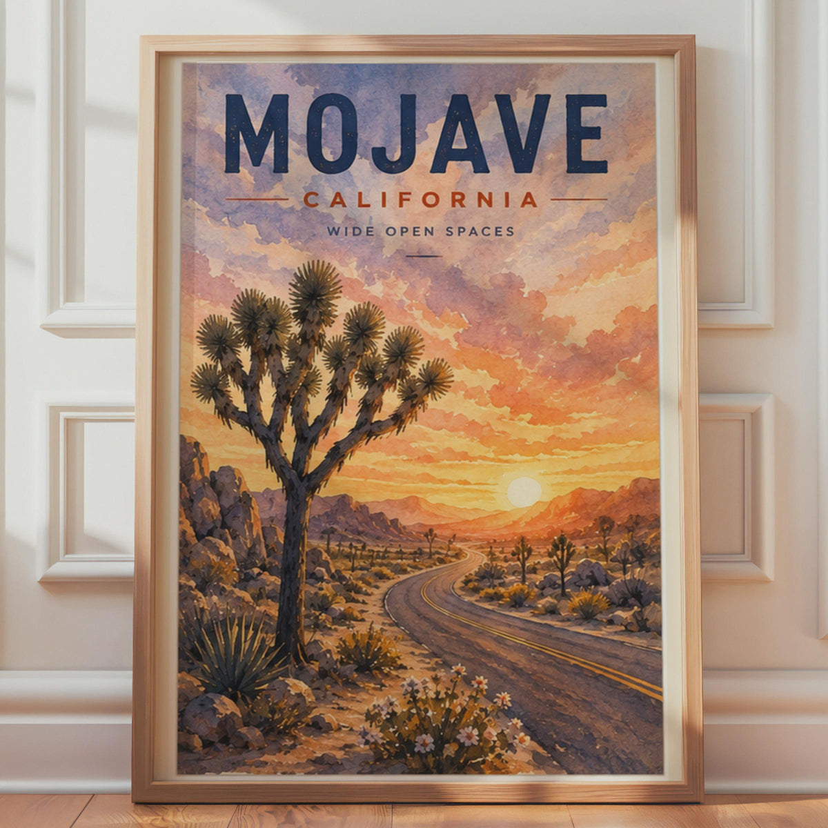 Mojave Desert Watercolor Poster, Joshua Tree Sunset, Wide Open Spaces (Print)