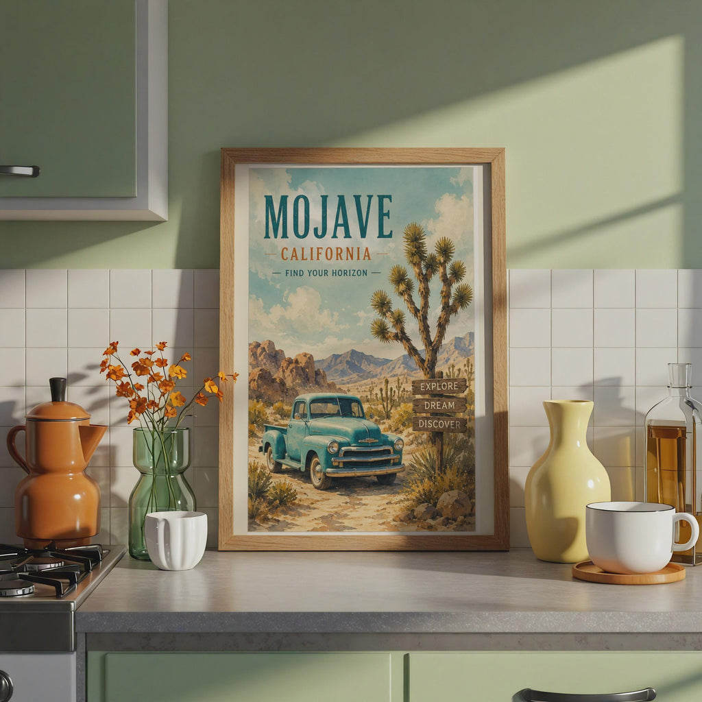 Mojave California Vintage Poster, Retro Teal Truck, Joshua Tree Desert Art