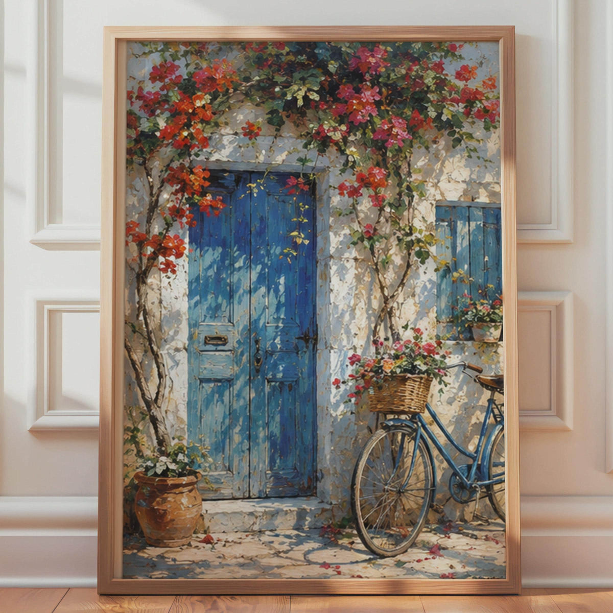 Mediterranean Bougainvillea Door Print, Impressionist Oil Painting Style, Floral Village Art (Ready to Frame)