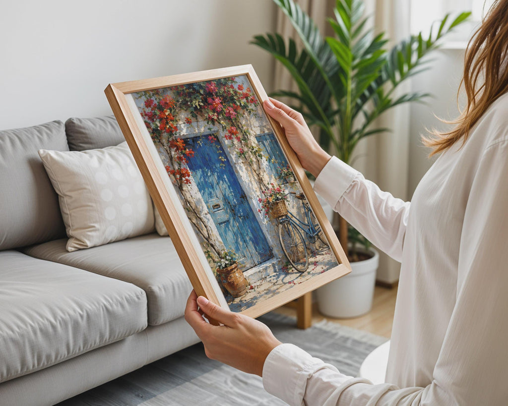 Mediterranean Bougainvillea Door Print, Impressionist Oil Painting Style, Floral Village Art (Ready to Frame)