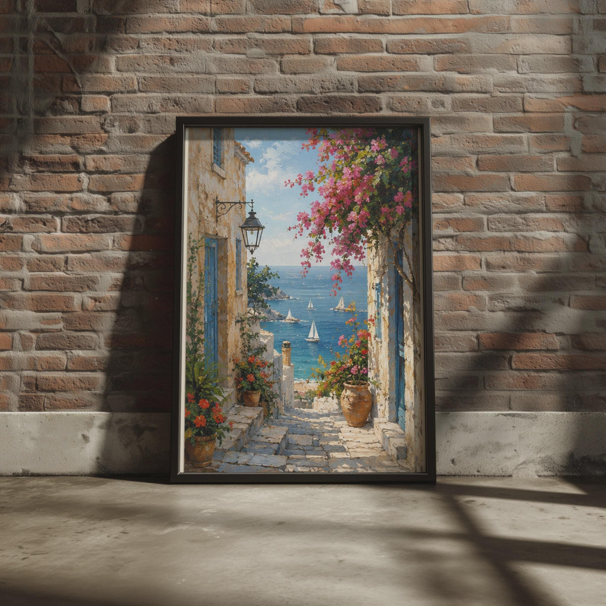 Mediterranean Alley Art Print, Greek Village, Bougainvillea Sea View (Poster)