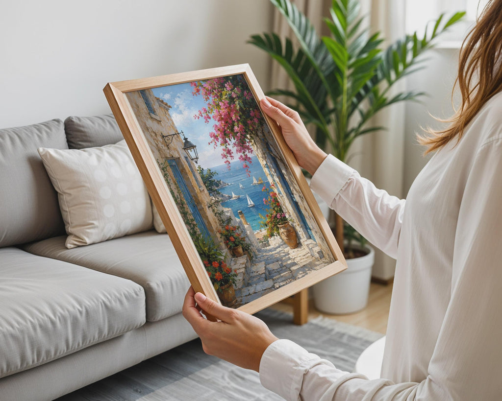 Mediterranean Alley Art Print, Greek Village, Bougainvillea Sea View (Poster)