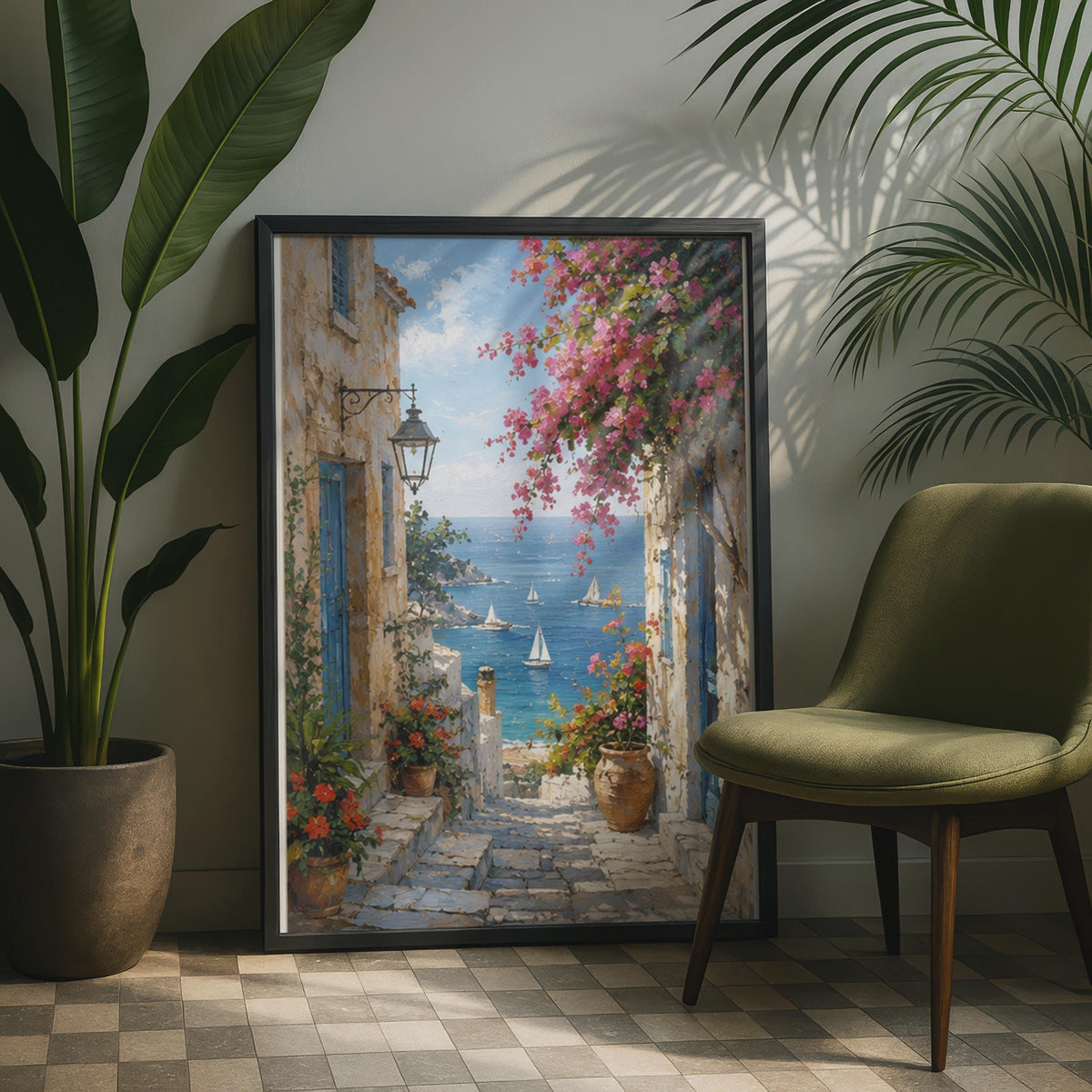 Mediterranean Alley Art Print, Greek Village, Bougainvillea Sea View (Poster)