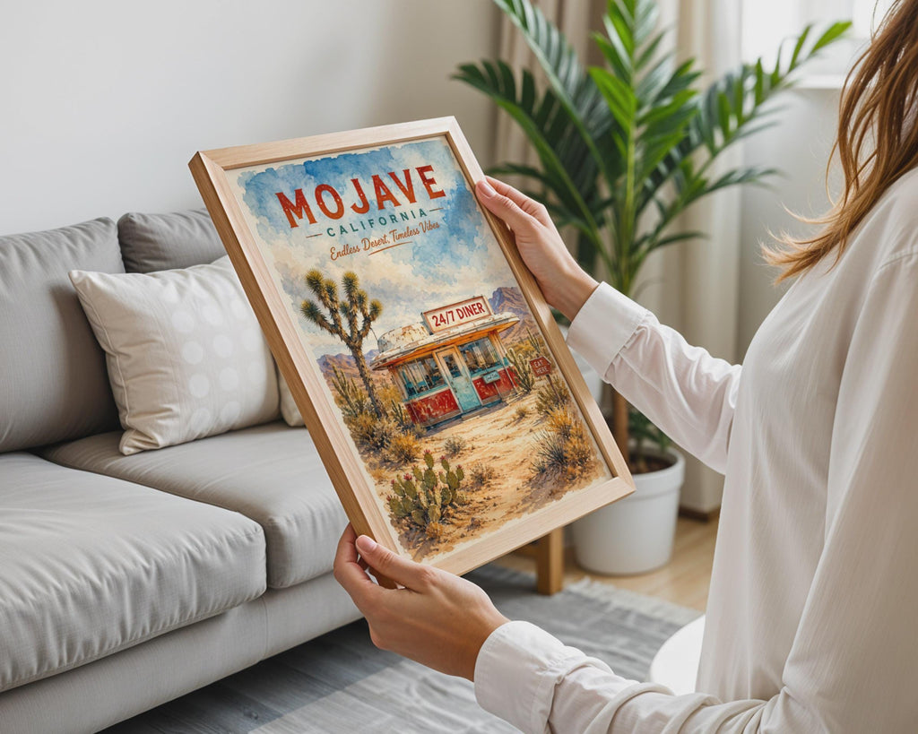 Mojave California Desert Diner Watercolour Print, Retro Route 66 Wall Art