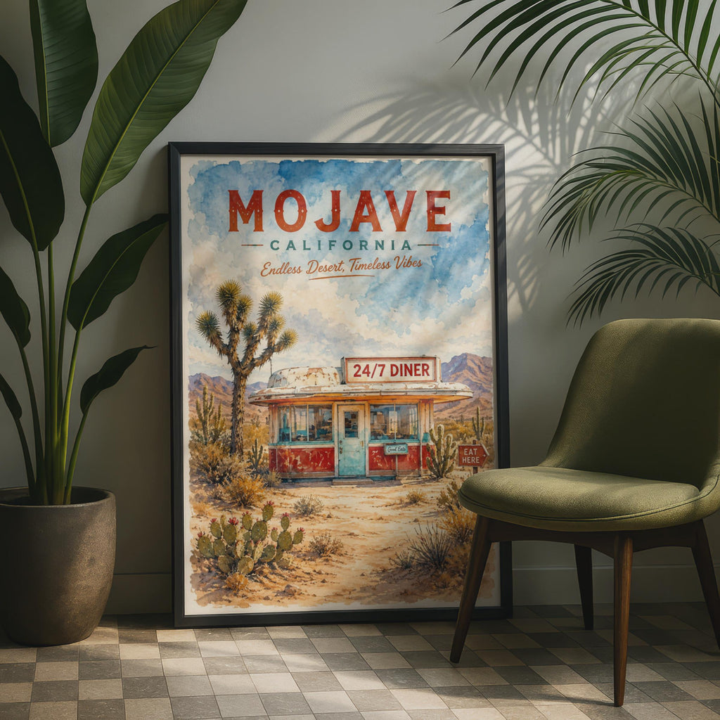 Mojave California Desert Diner Watercolour Print, Retro Route 66 Wall Art