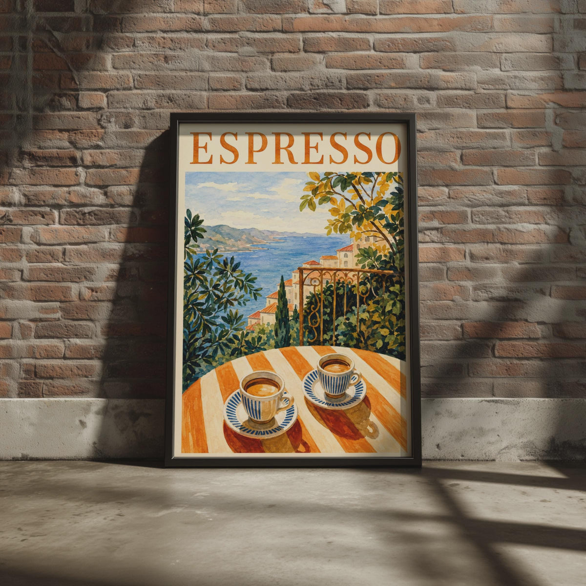Mediterranean Espresso Watercolour Poster, Italian Coastal Cafe Art