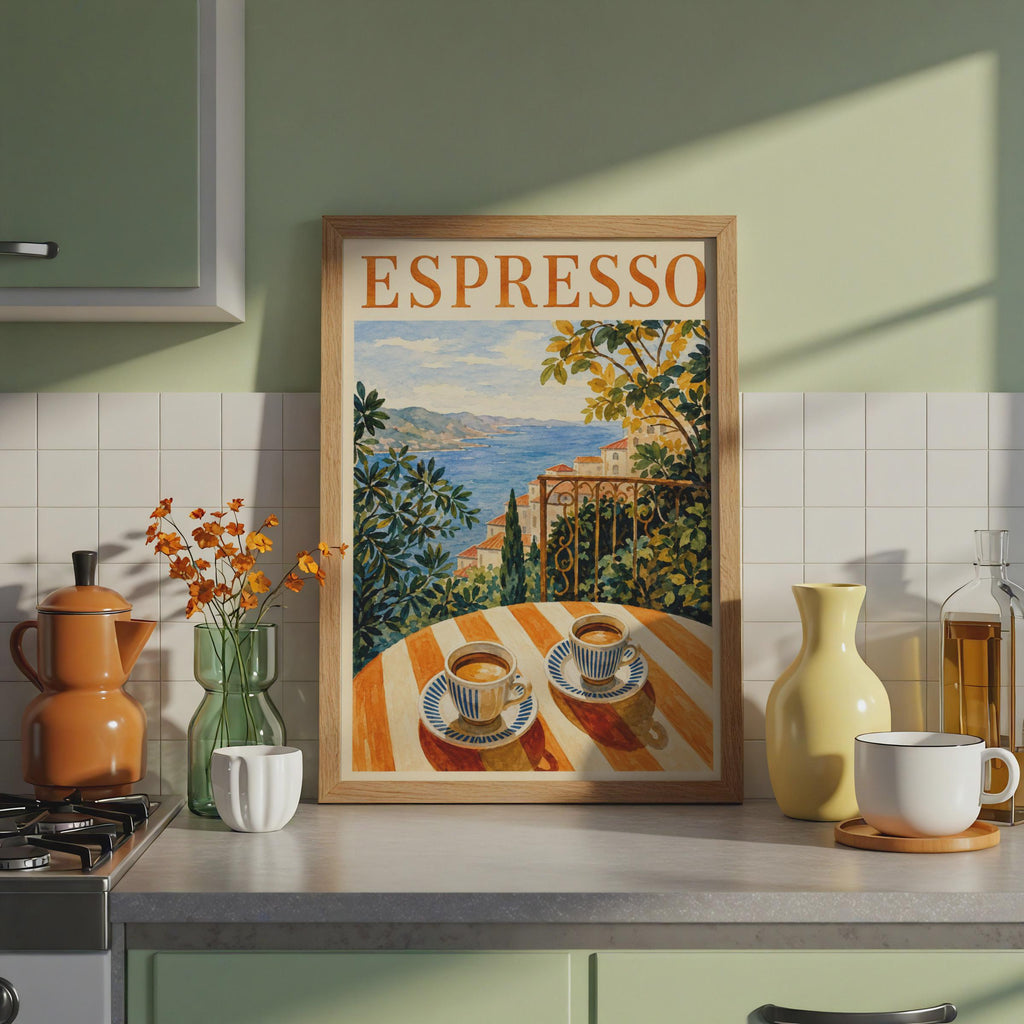 Mediterranean Espresso Watercolour Poster, Italian Coastal Cafe Art