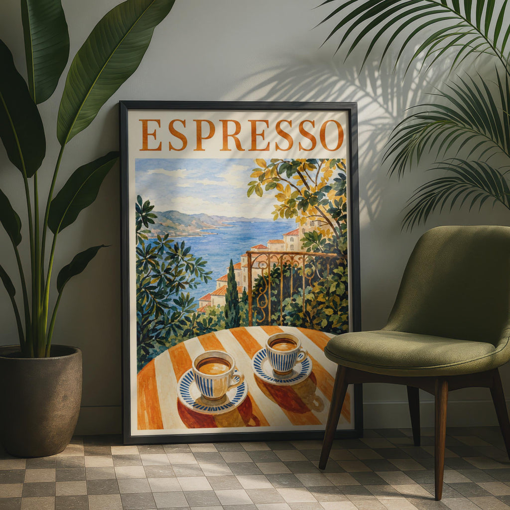 Mediterranean Espresso Watercolour Poster, Italian Coastal Cafe Art