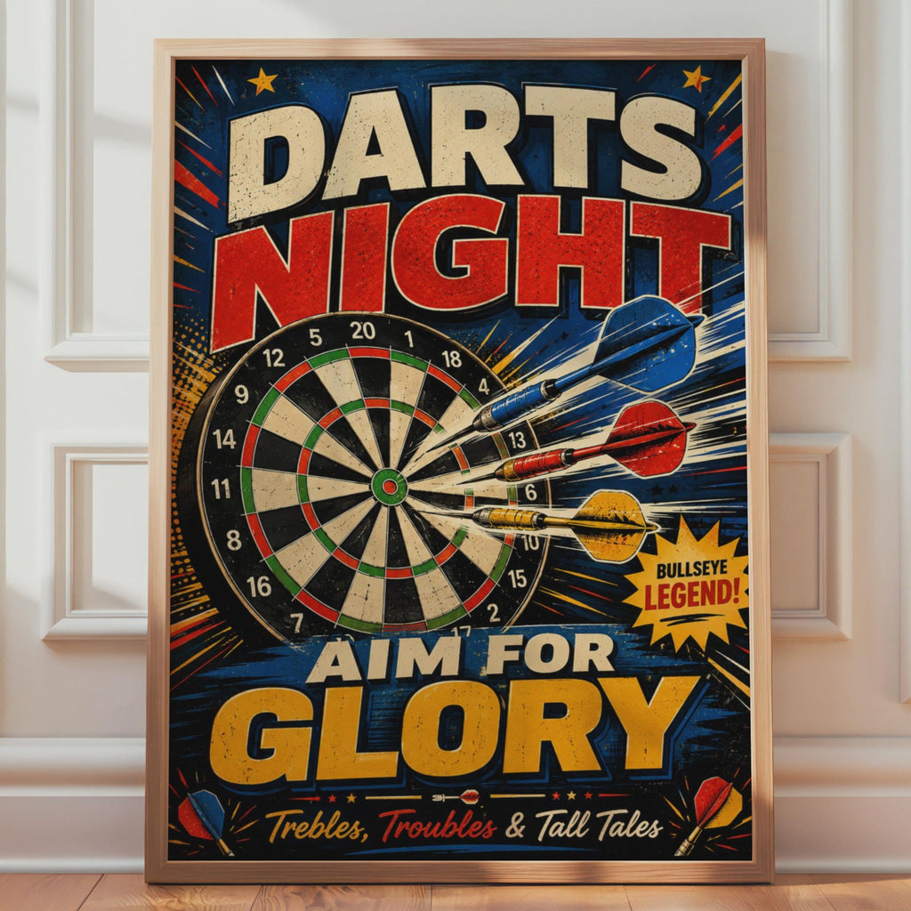 Retro Darts Night Poster, Aim For Glory Bullseye Print, Pub Games Decor (A4)