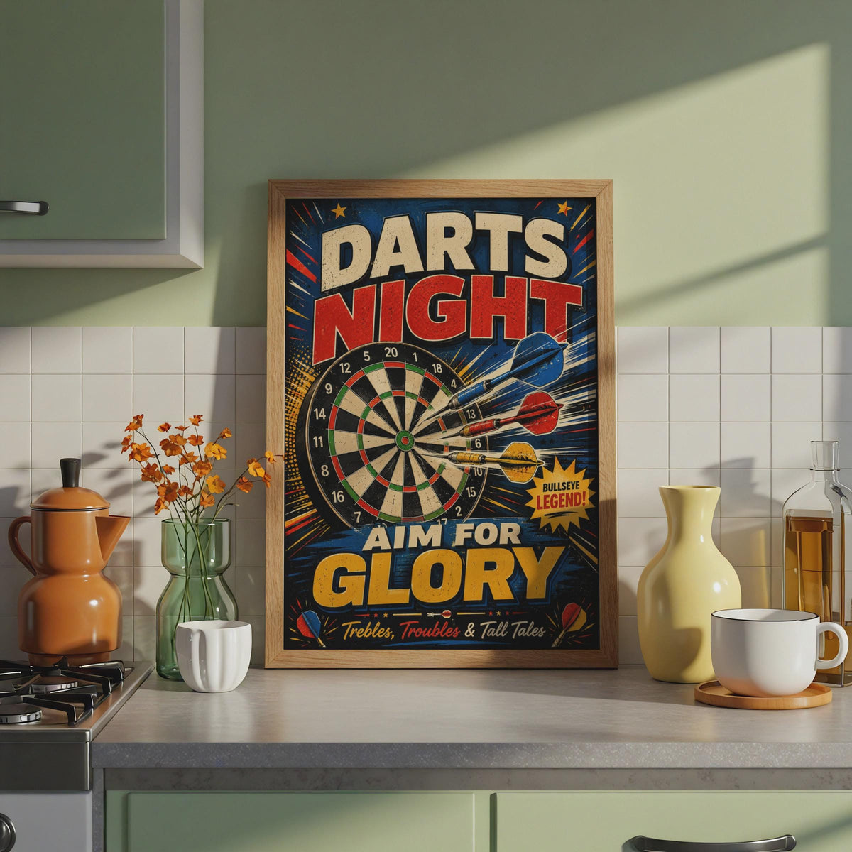 Retro Darts Night Poster, Aim For Glory Bullseye Print, Pub Games Decor (A4)