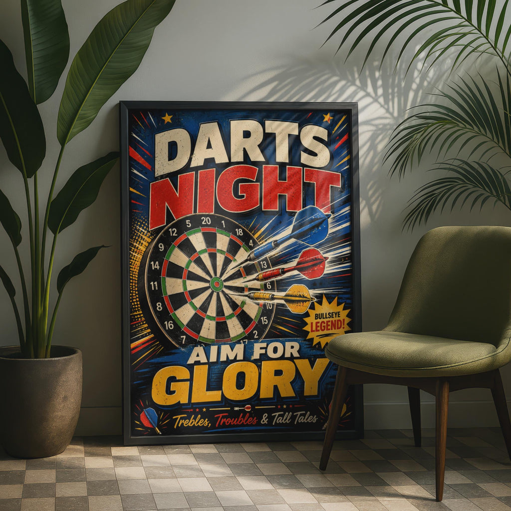 Retro Darts Night Poster, Aim For Glory Bullseye Print, Pub Games Decor (A4)