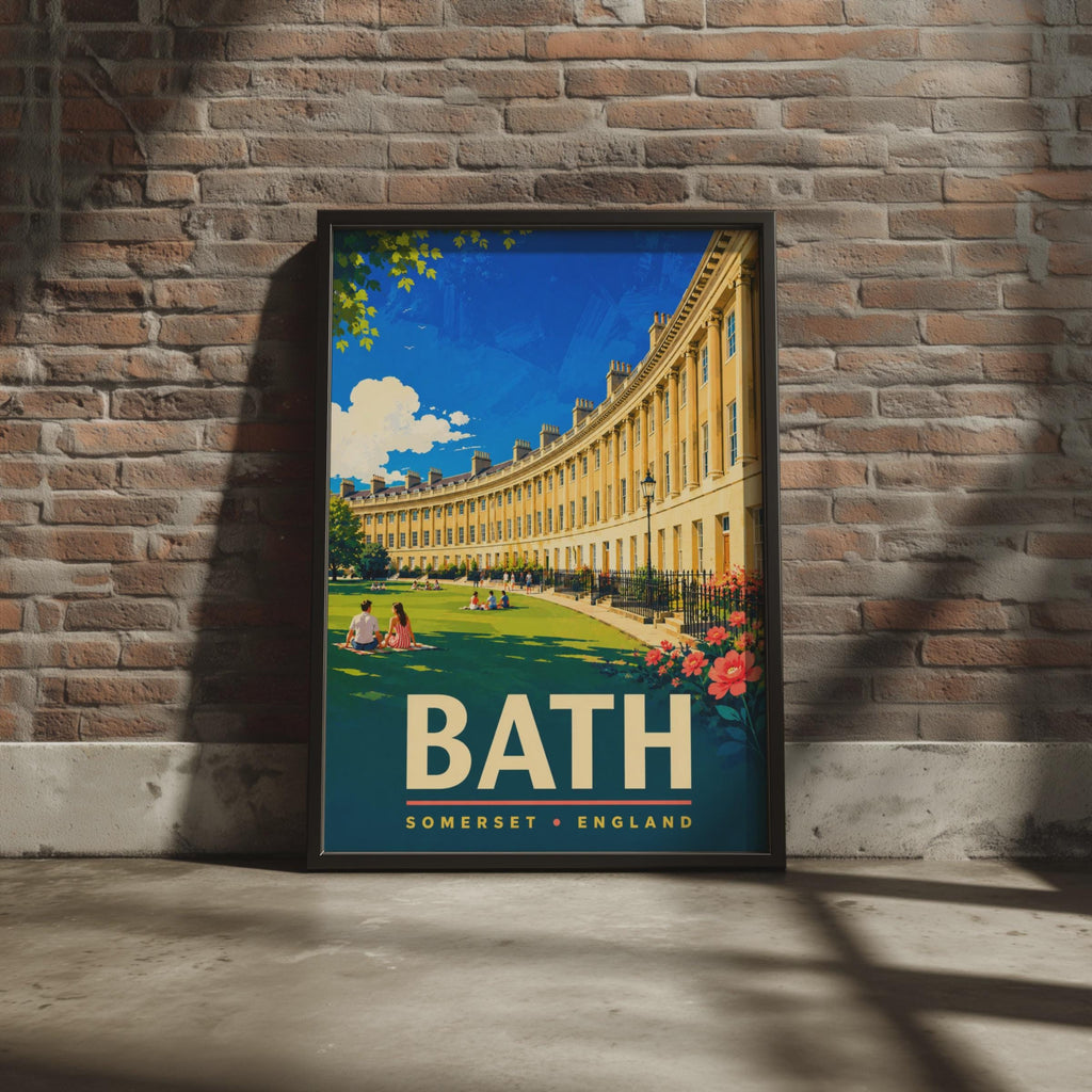 Bath Somerset England Travel Poster, Royal Crescent Architecture, Mid-Century Style Print