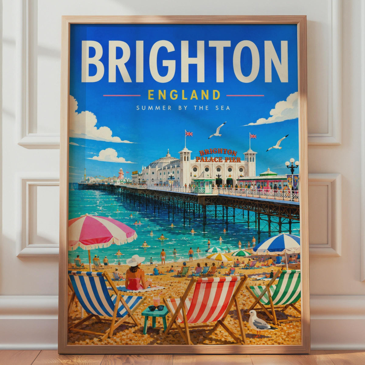 Brighton Palace Pier Retro Travel Poster, British Seaside Illustration (Print)