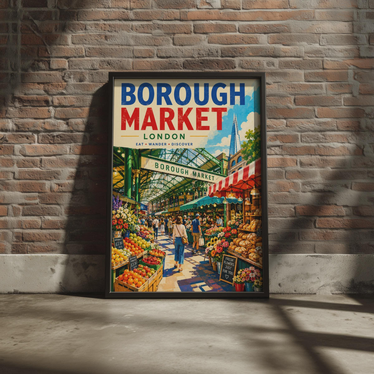 Borough Market London Retro Travel Poster, Food Market Illustration, Shard Skyline (Print)