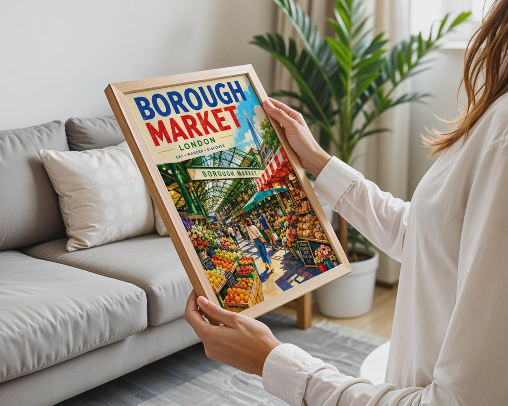 Borough Market London Retro Travel Poster, Food Market Illustration, Shard Skyline (Print)