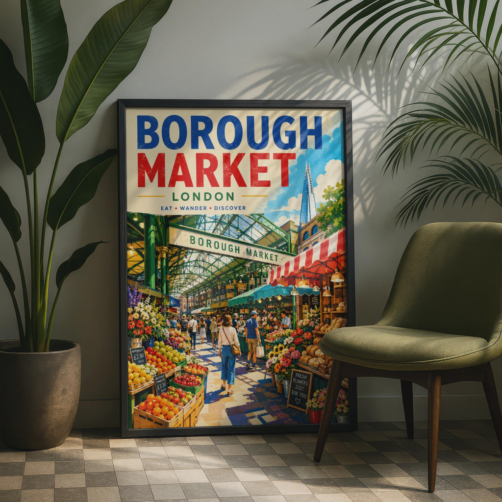 Borough Market London Retro Travel Poster, Food Market Illustration, Shard Skyline (Print)