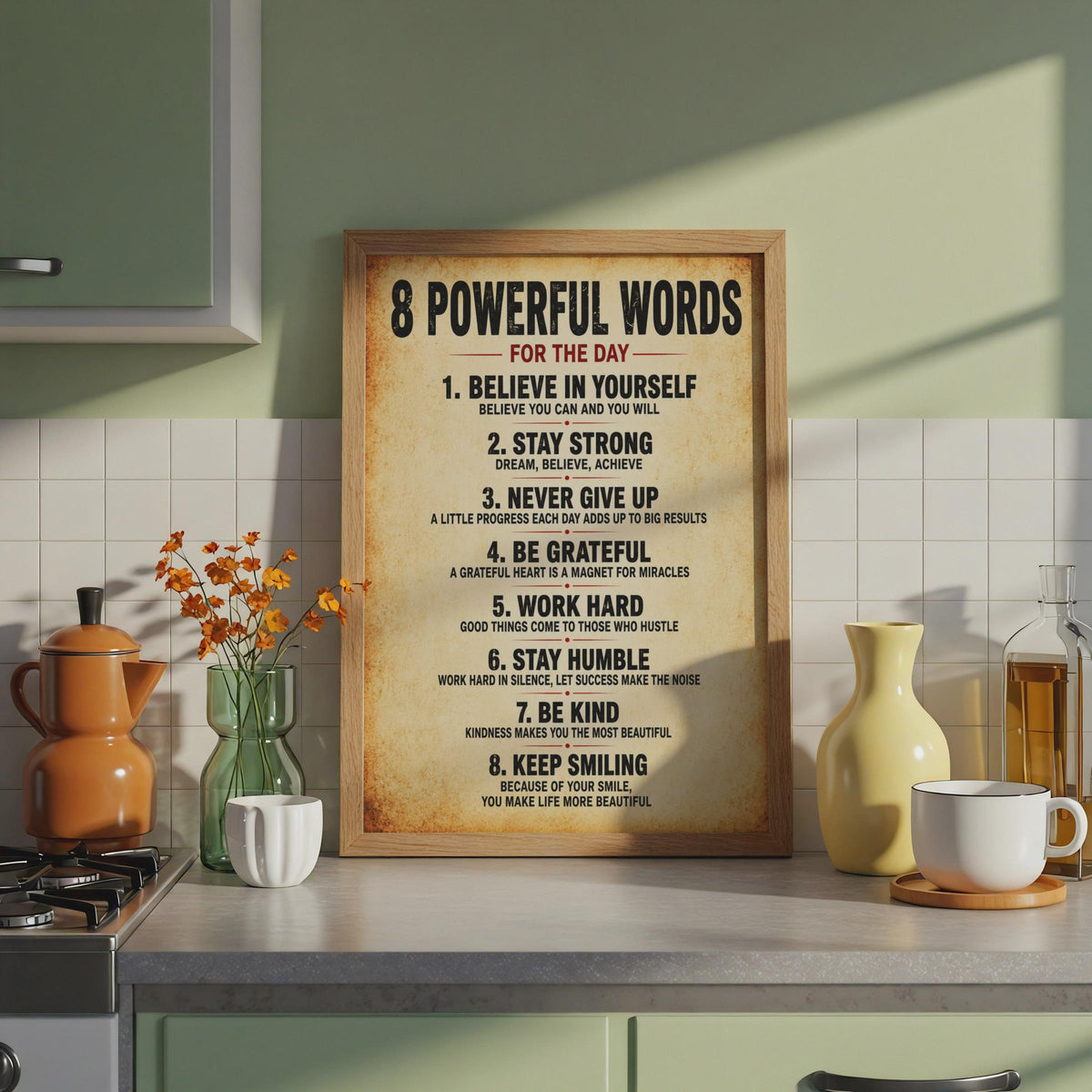 8 Powerful Words Motivational Poster, Vintage Typography Wall Art (A4)