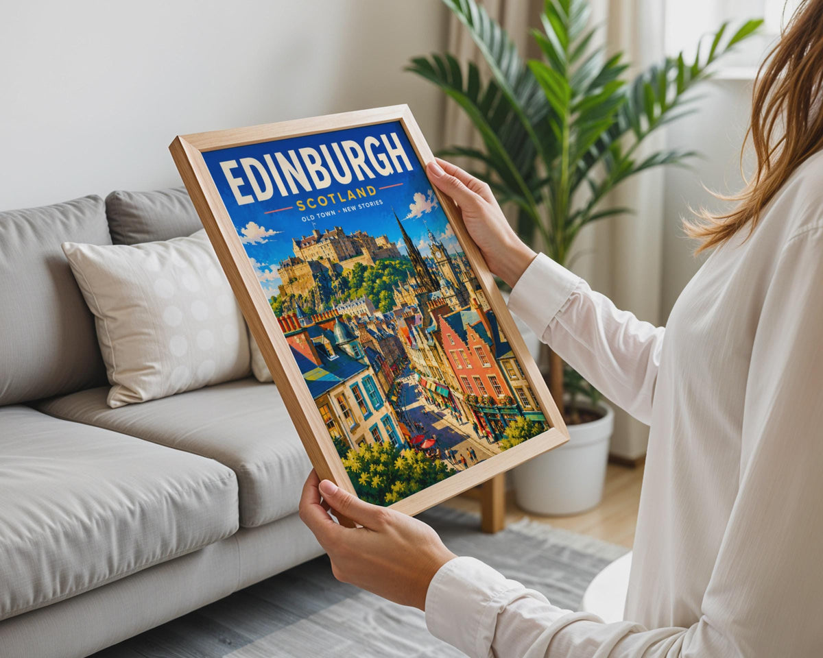 Edinburgh Scotland Travel Poster, Royal Mile Castle Print, Retro Illustration (Ready to Frame)