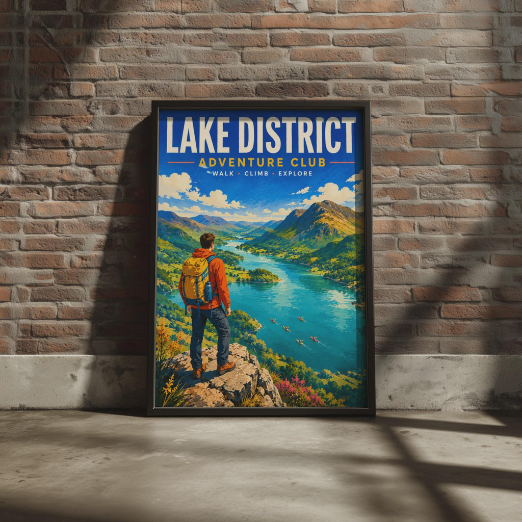 Lake District Adventure Club Poster, Retro Hiking Landscape Print (Cumbria Travel)
