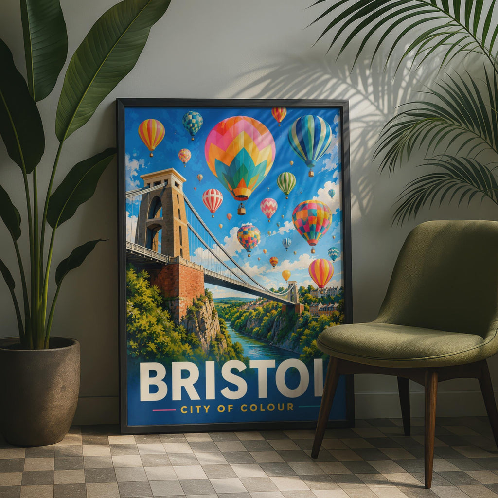 Bristol City of Colour Poster, Clifton Suspension Bridge, Hot Air Balloons (Print)