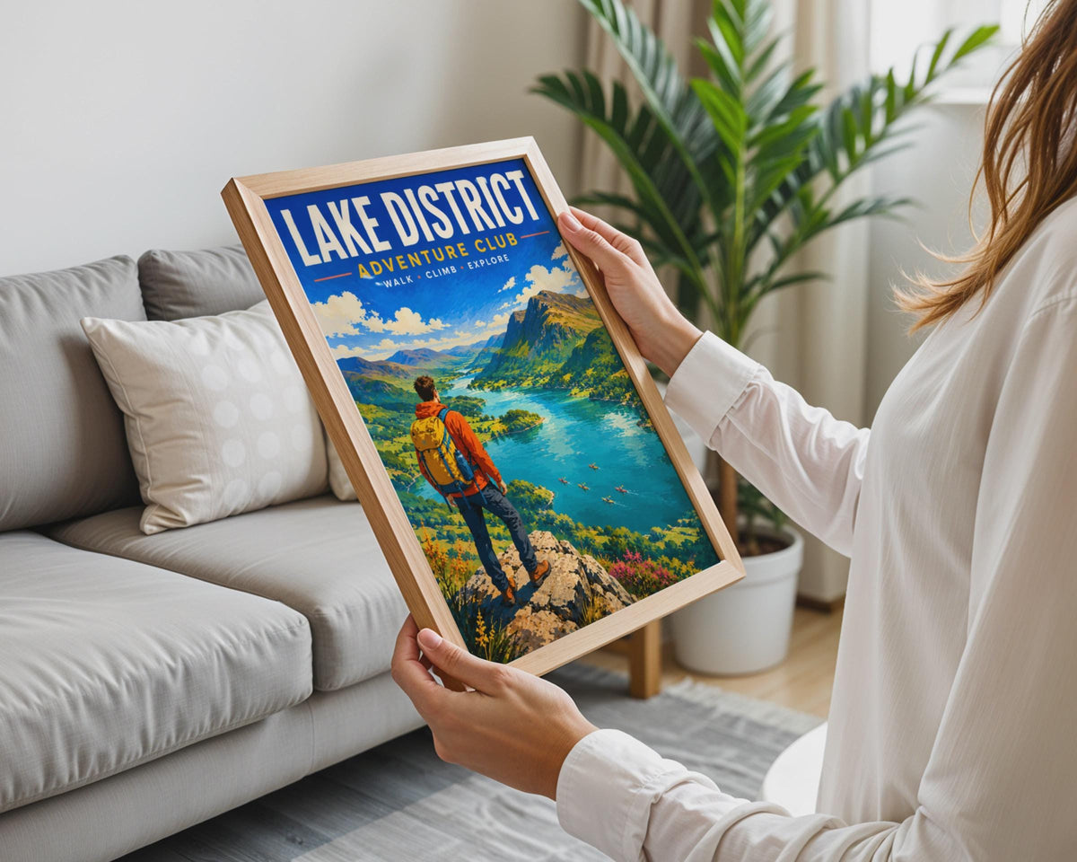 Lake District Adventure Club Poster, Retro Hiking Landscape Print (Cumbria Travel)