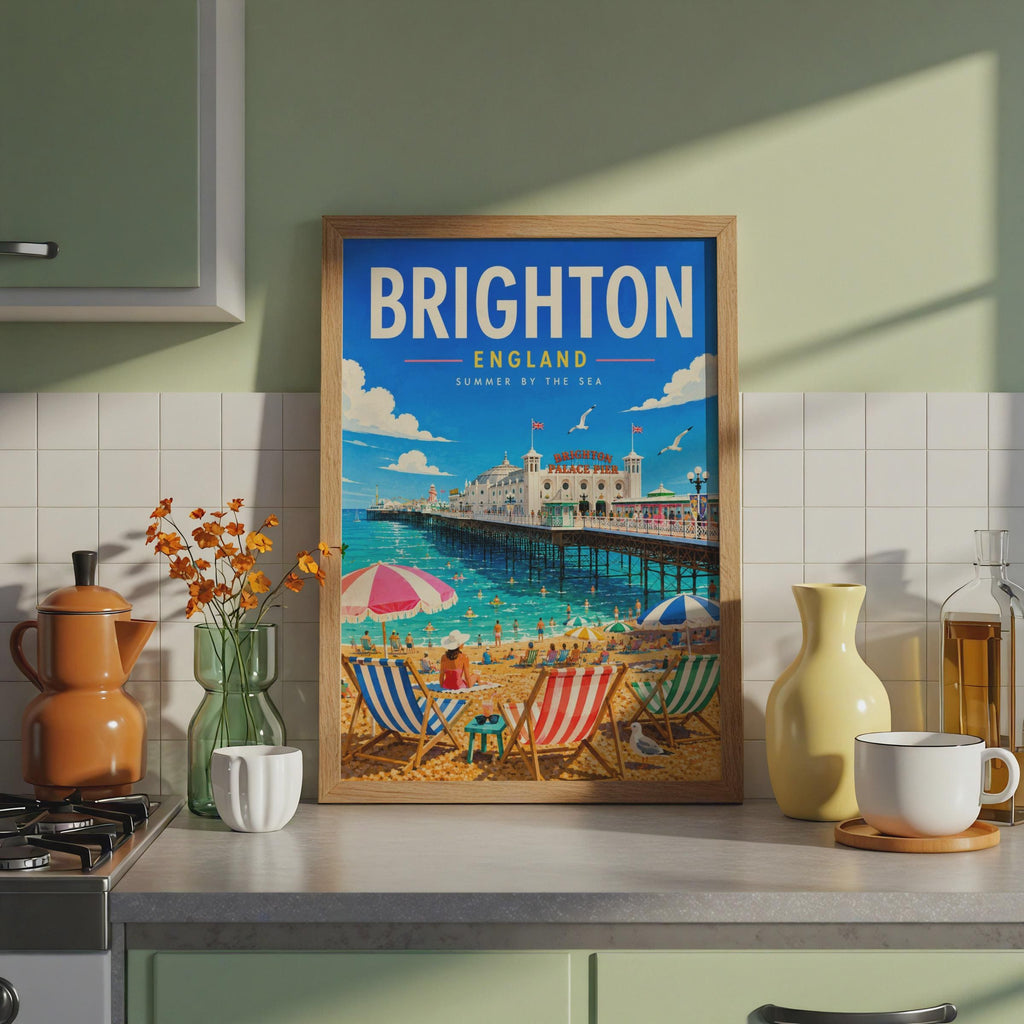 Brighton Palace Pier Retro Travel Poster, British Seaside Illustration (Print)