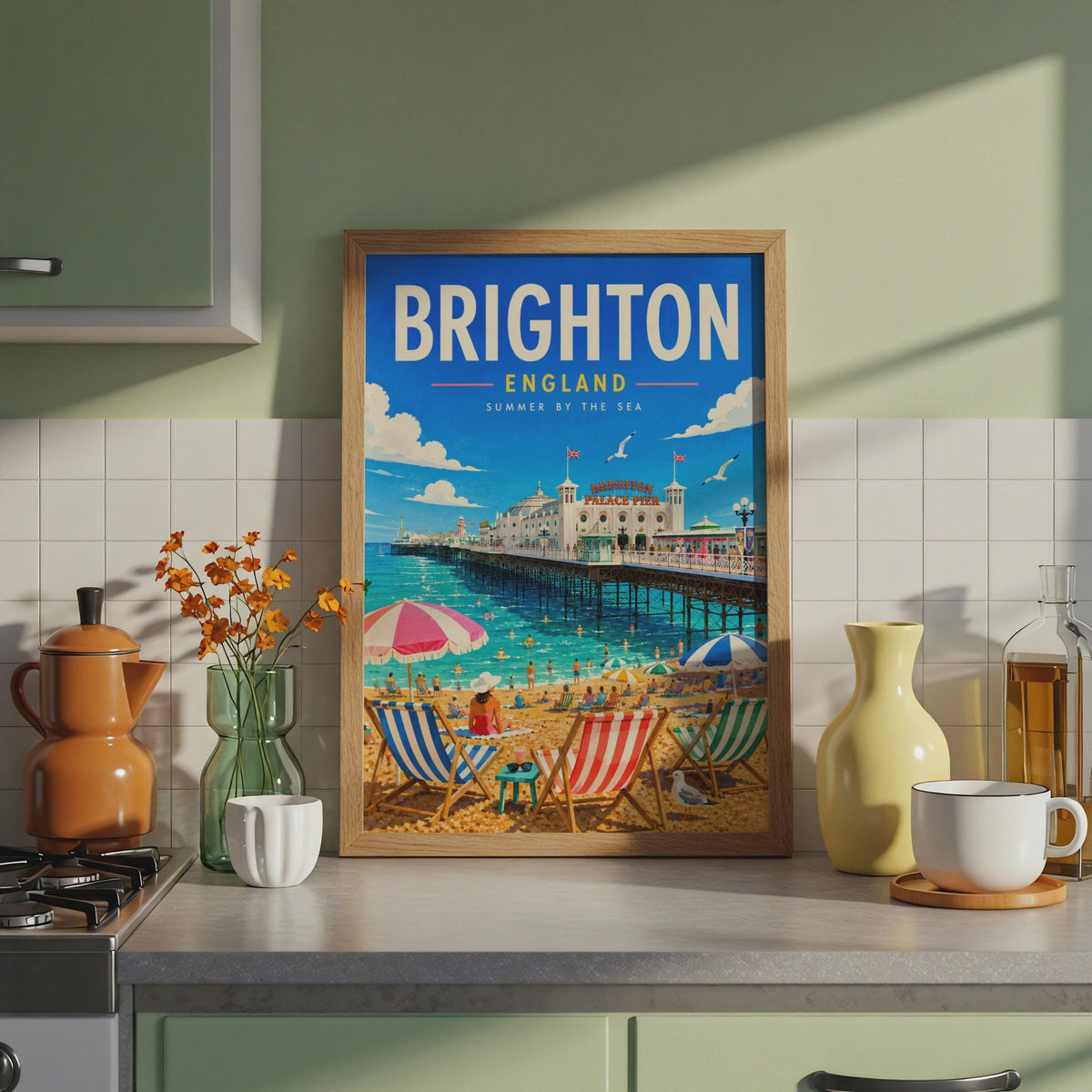 Brighton Palace Pier Retro Travel Poster, British Seaside Illustration (Print)