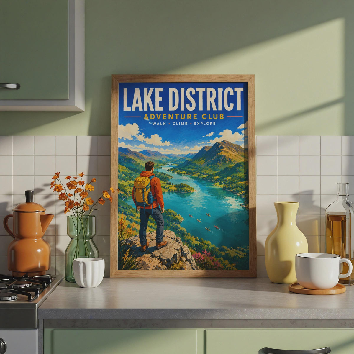 Lake District Adventure Club Poster, Retro Hiking Landscape Print (Cumbria Travel)