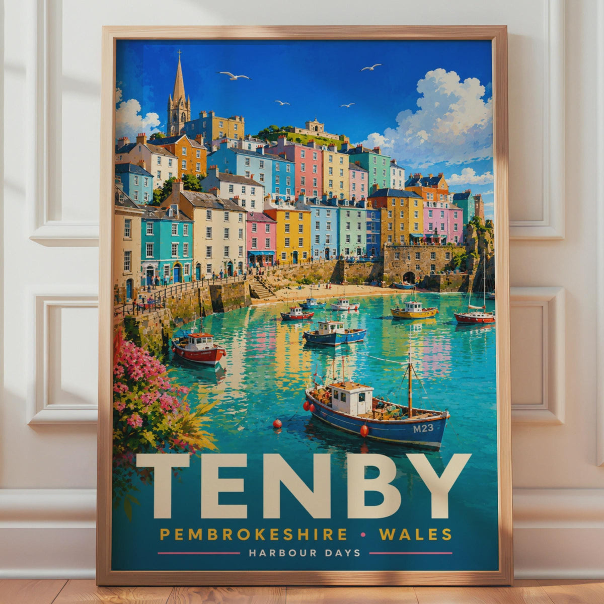 Tenby Harbour Wales Poster, Retro Coastal Print, Pembrokeshire Travel Art (Physical Print)