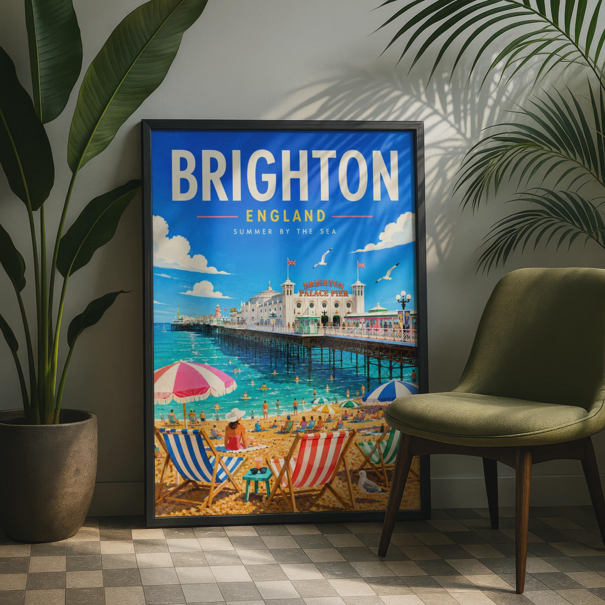 Brighton Palace Pier Retro Travel Poster, British Seaside Illustration (Print)