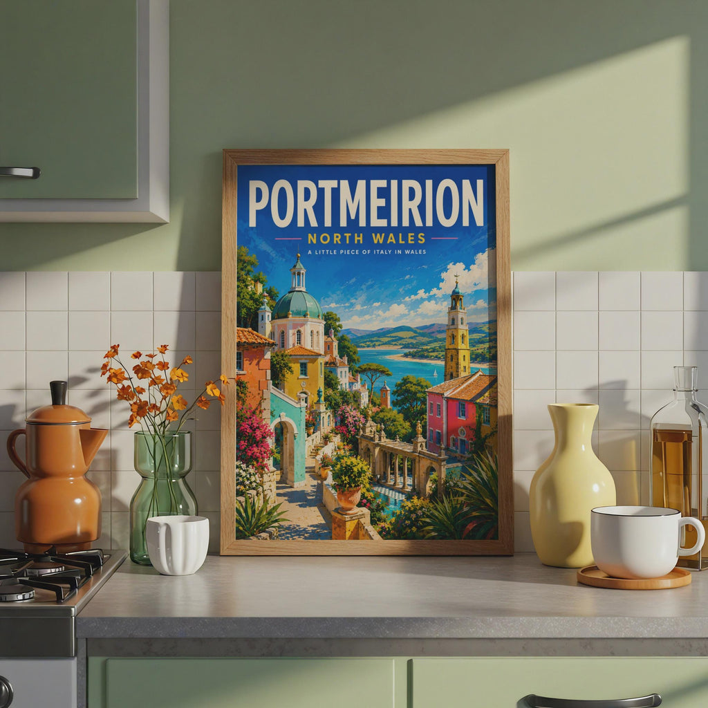 Portmeirion North Wales Travel Poster, Italianate Village Wall Art Print (A4)