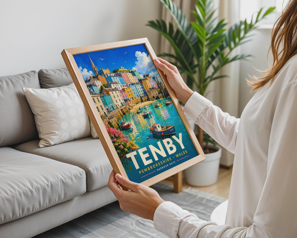 Tenby Harbour Wales Poster, Retro Coastal Print, Pembrokeshire Travel Art (Physical Print)