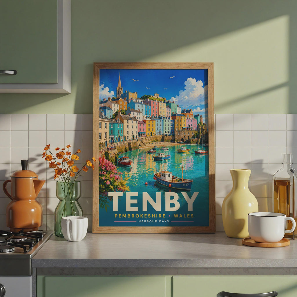 Tenby Harbour Wales Poster, Retro Coastal Print, Pembrokeshire Travel Art (Physical Print)