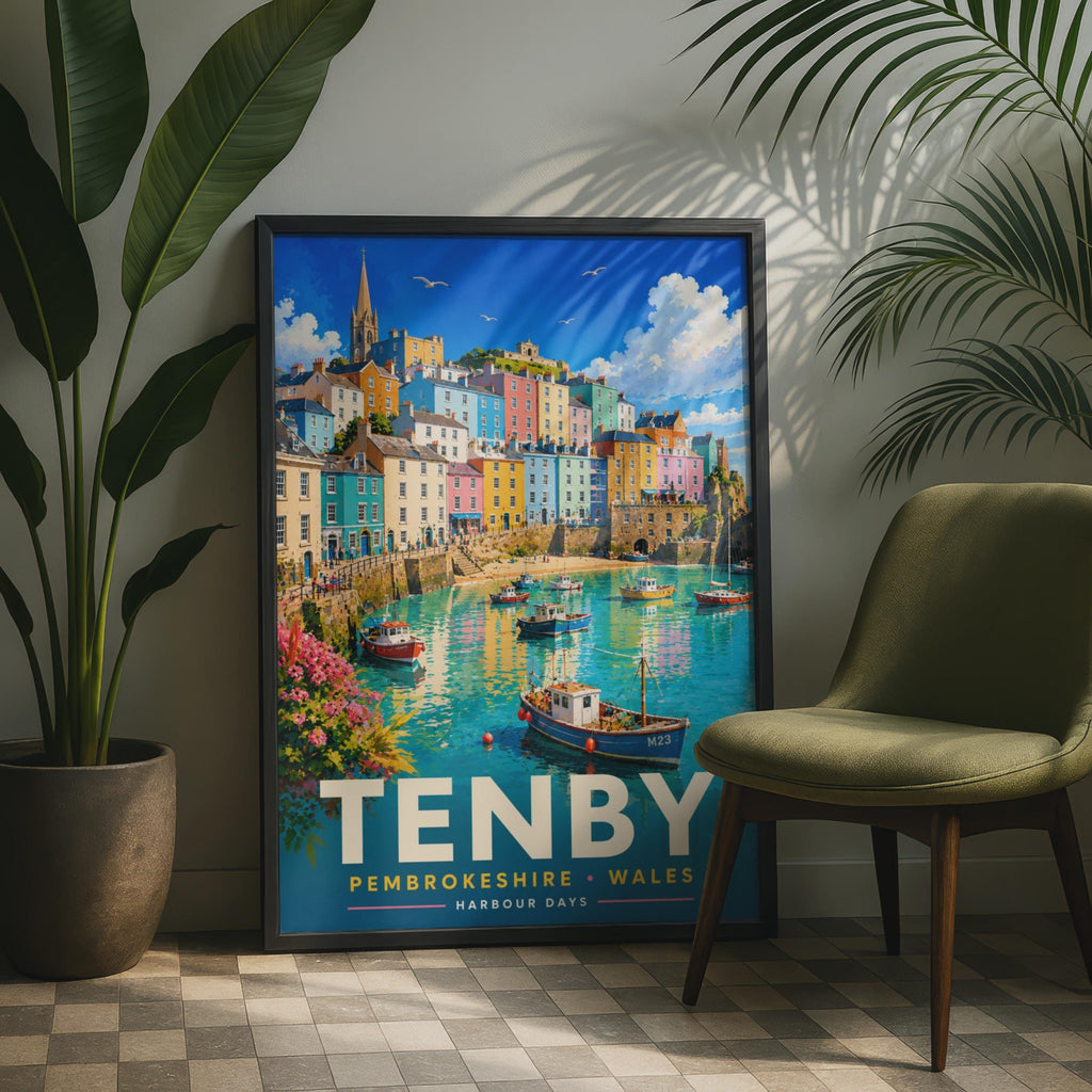 Tenby Harbour Wales Poster, Retro Coastal Print, Pembrokeshire Travel Art (Physical Print)