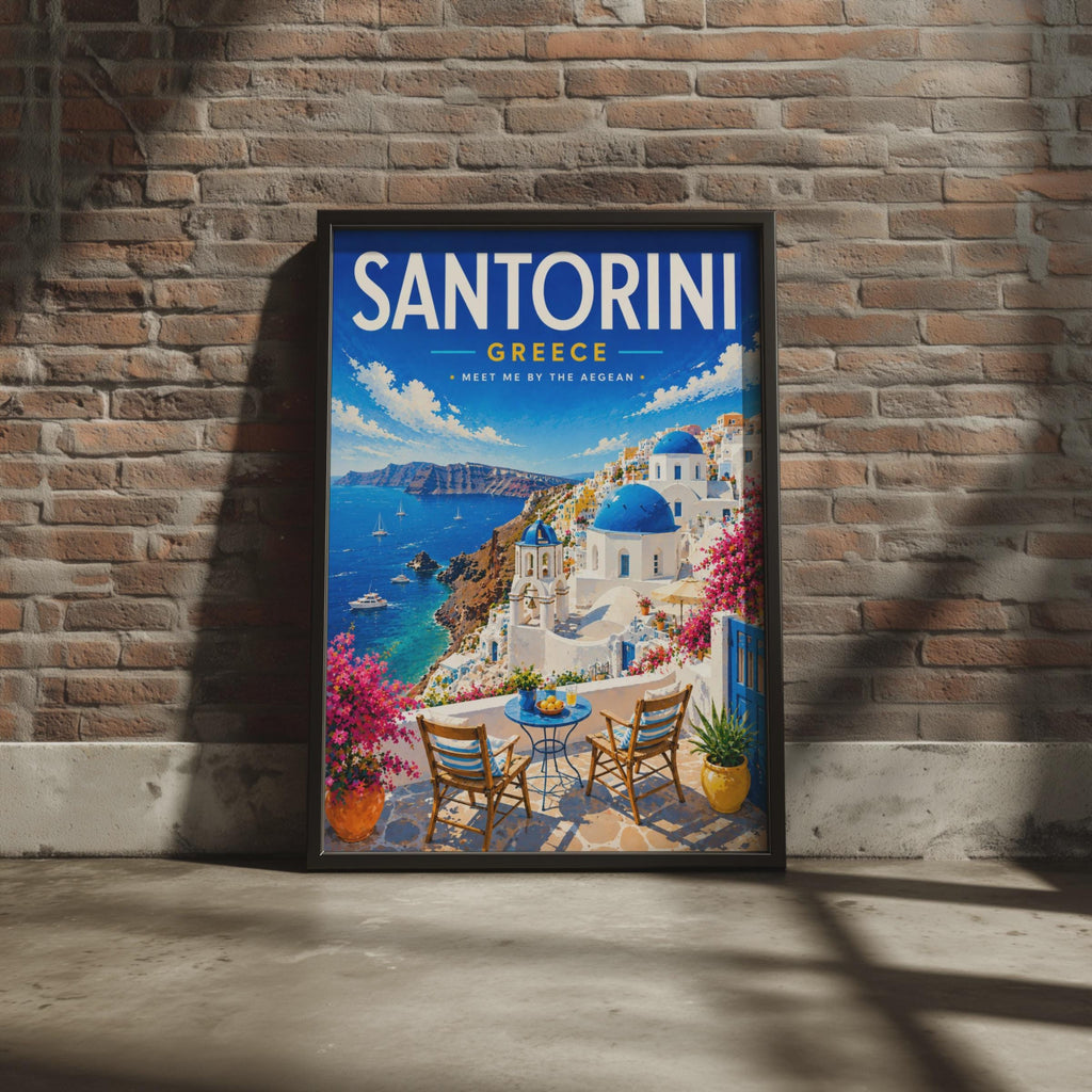Santorini Greece Travel Poster, Blue Dome Church, Aegean Sea, Mediterranean Home Decor