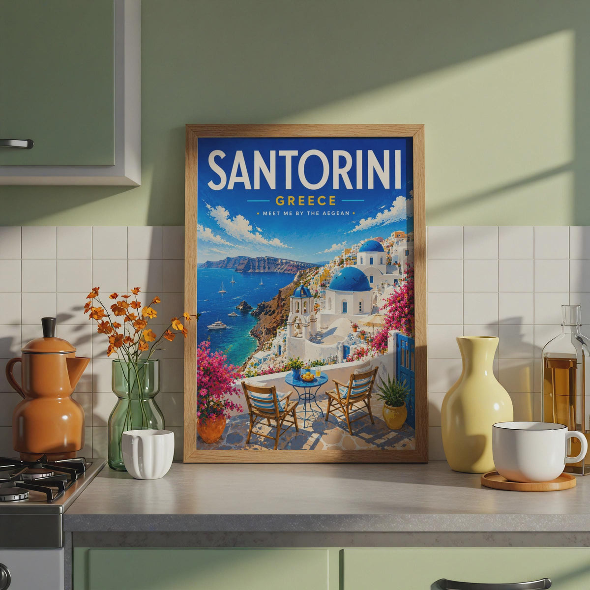 Santorini Greece Travel Poster, Blue Dome Church, Aegean Sea, Mediterranean Home Decor