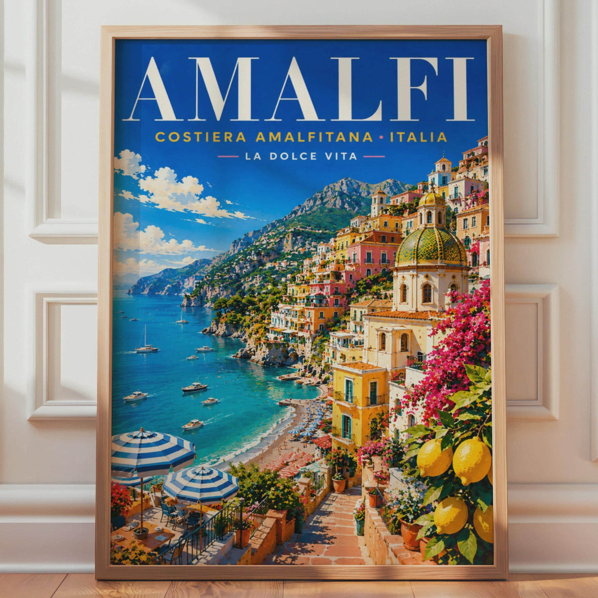 Amalfi Coast Italy Travel Poster, Retro Mediterranean Sea, La Dolce Vita Wall Art